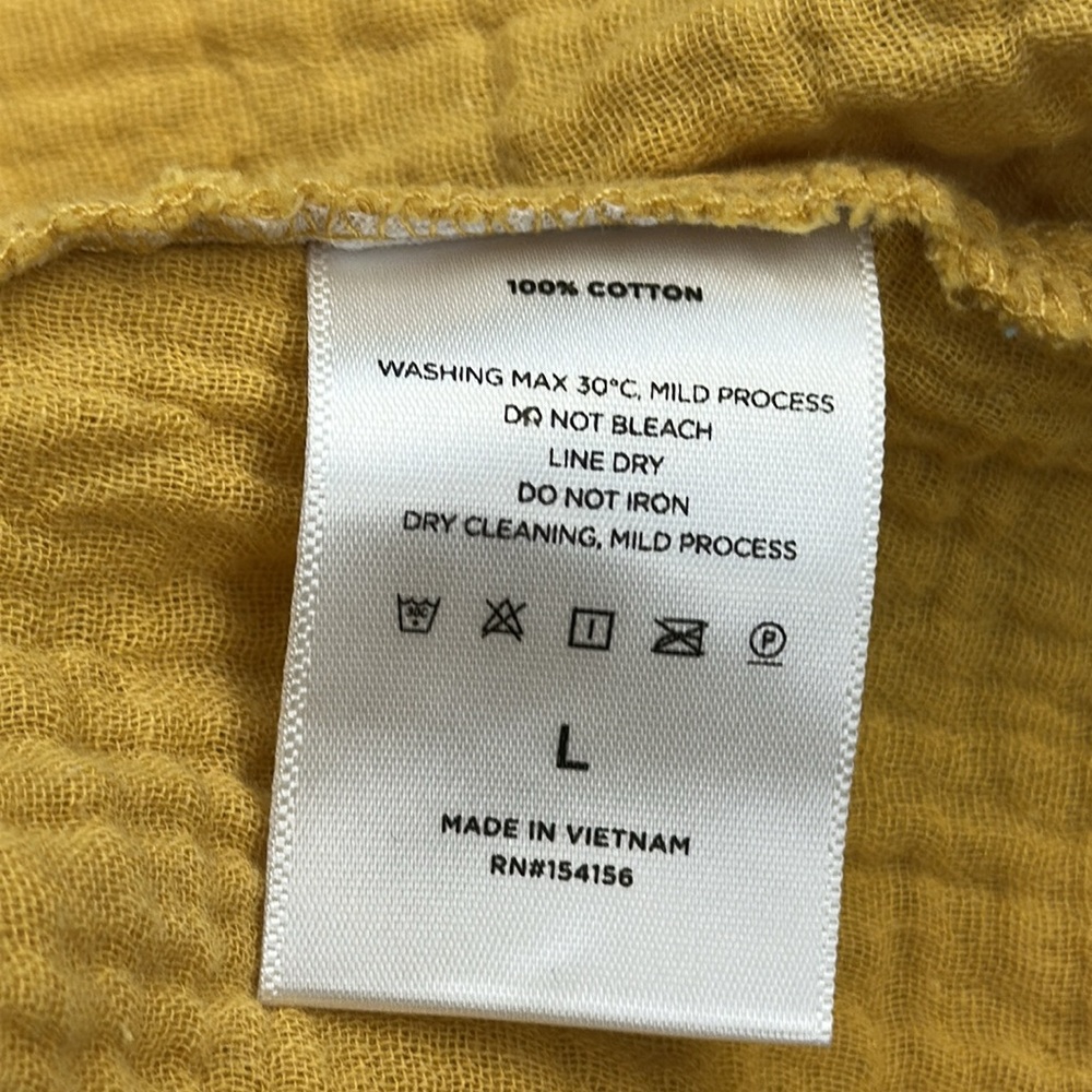 Mote Cotton Mustard Yellow Gauze Split V Neck Double Pocket Long Sleeve Top Sz L - Picture 11 of 11